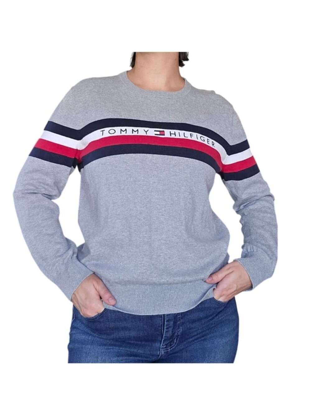 Tommy Hilfiger Gray Striped Logo Crew Neck Sweater Women's Size L Preppy Casual